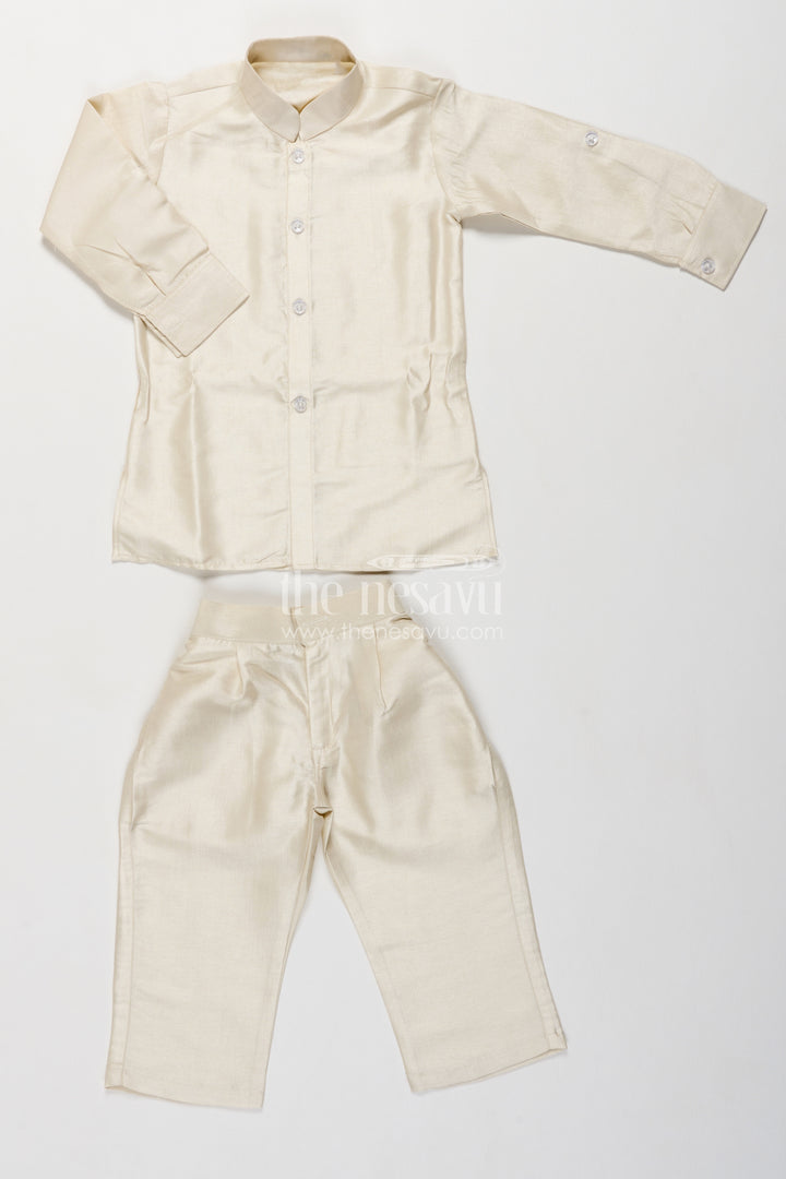 Boys Cream Viscose Blend Silk Blazer Set with Embroidered Front Panel