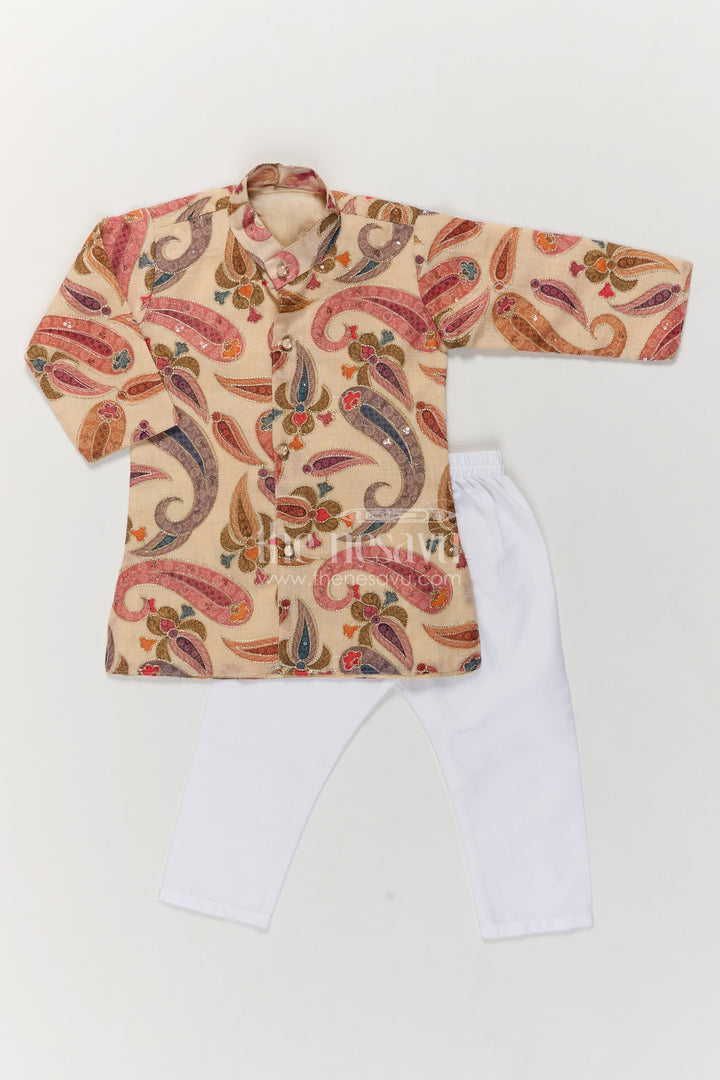 Boys Beige Paisley Sequin Viscose Blend Silk Kurta Pajama Set