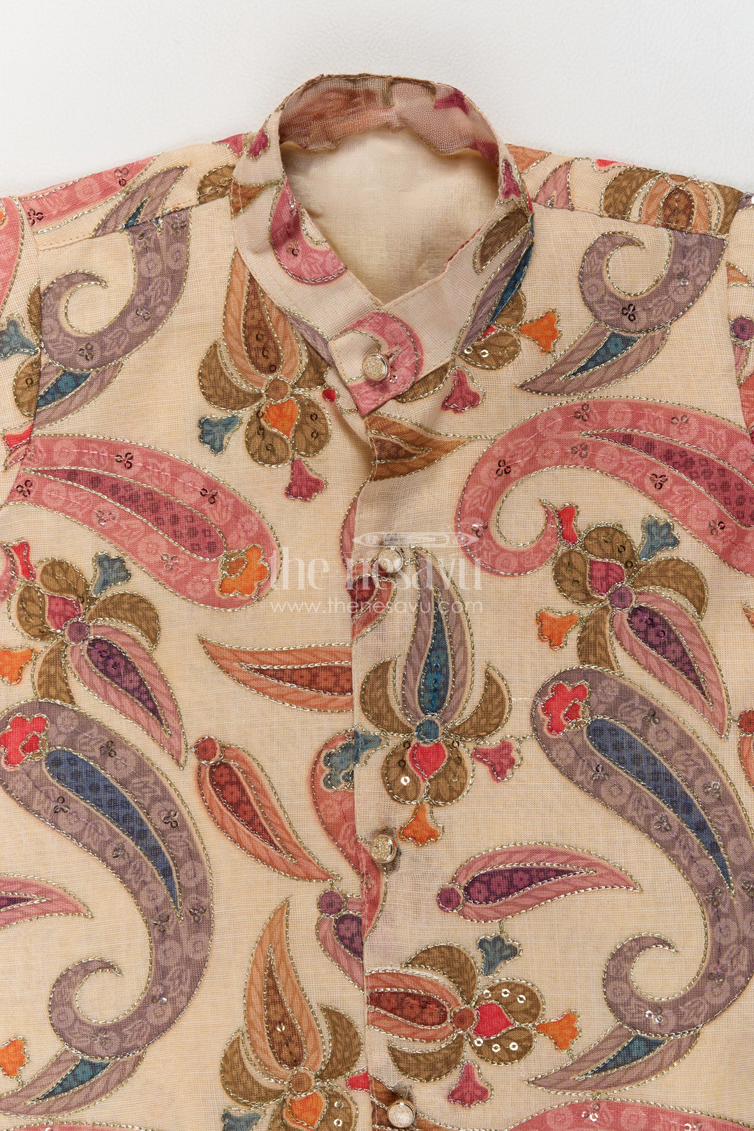 Boys Beige Paisley Sequin Viscose Blend Silk Kurta Pajama Set