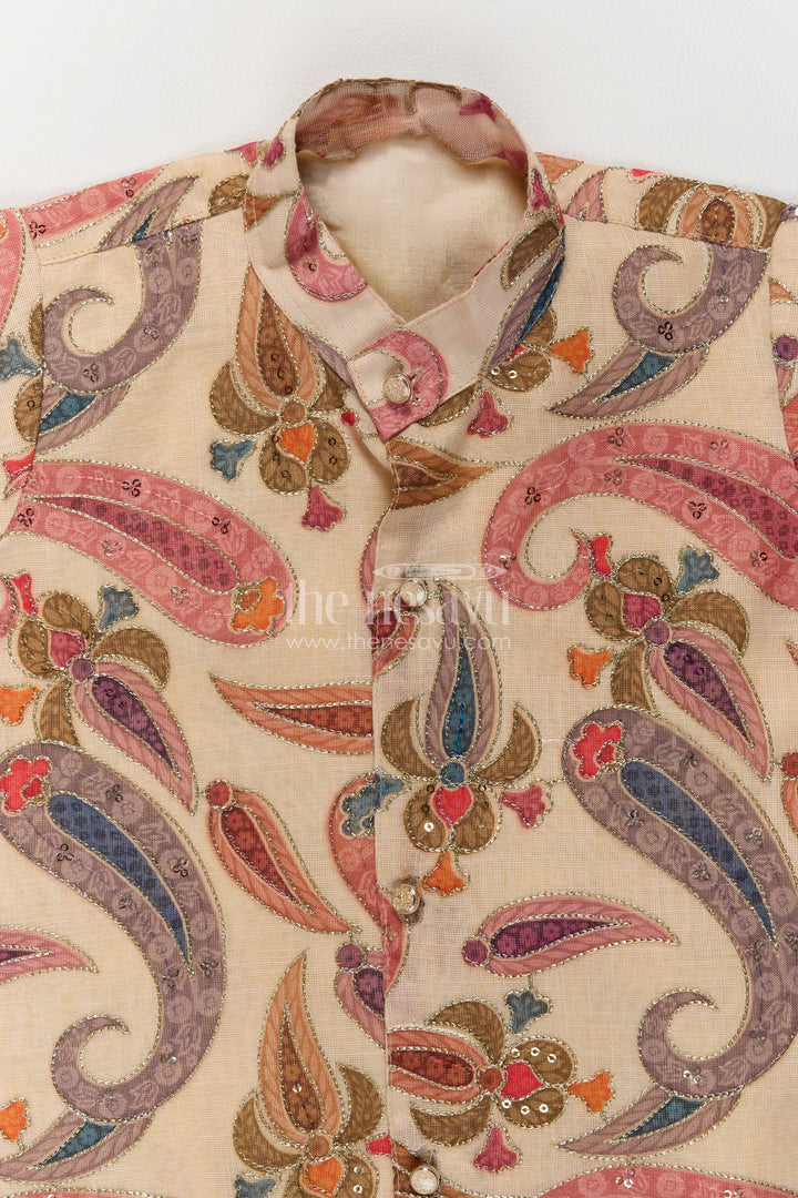 Boys Beige Paisley Sequin Viscose Blend Silk Kurta Pajama Set