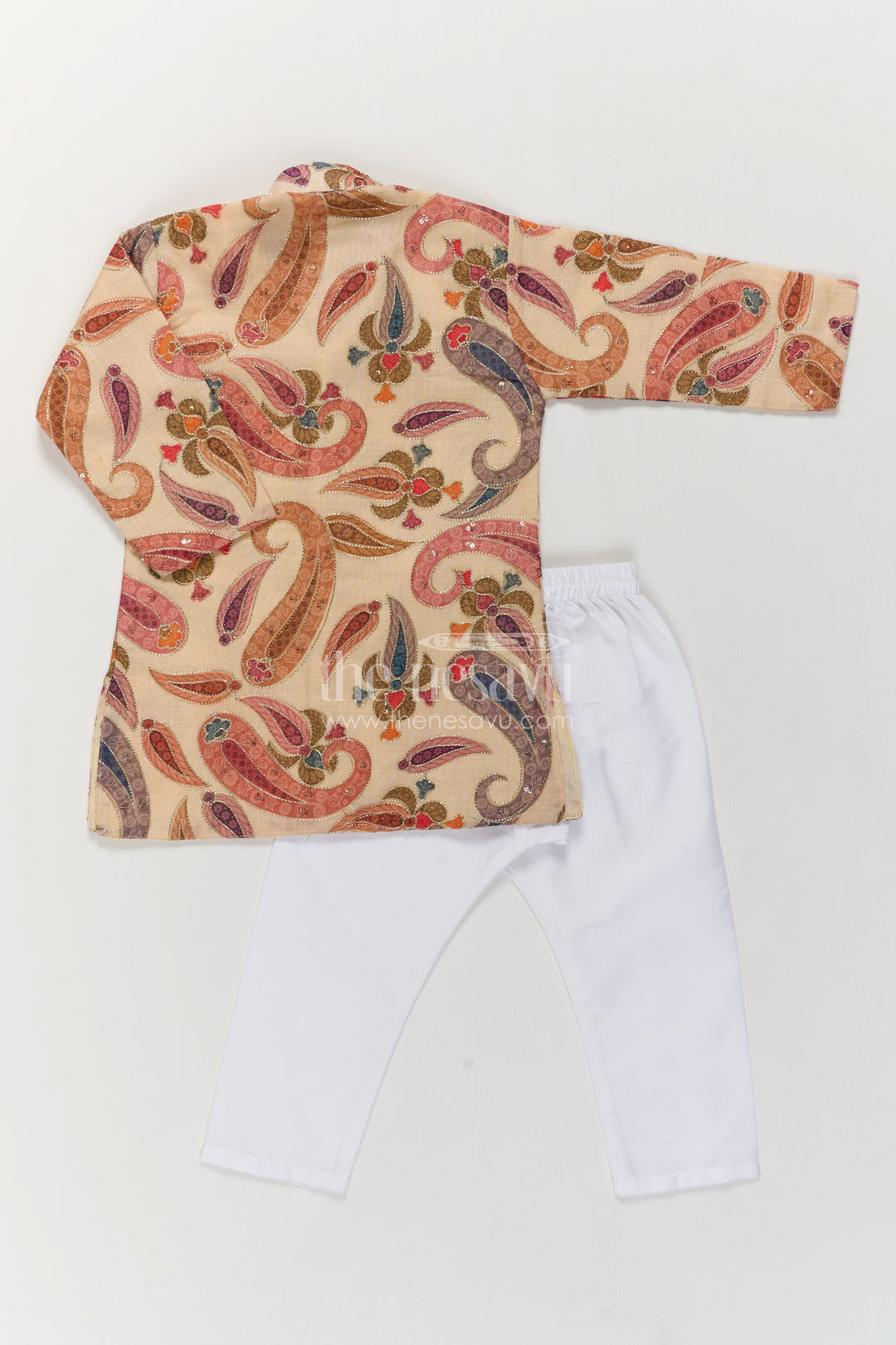Boys Beige Paisley Sequin Viscose Blend Silk Kurta Pajama Set