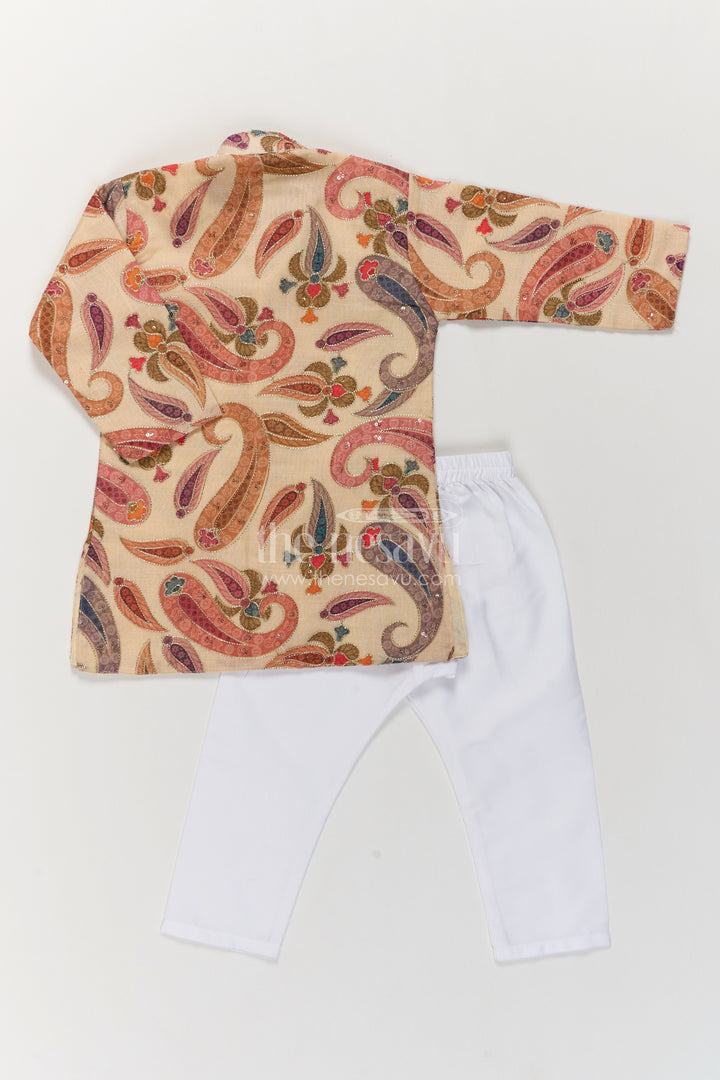 Boys Beige Paisley Sequin Viscose Blend Silk Kurta Pajama Set