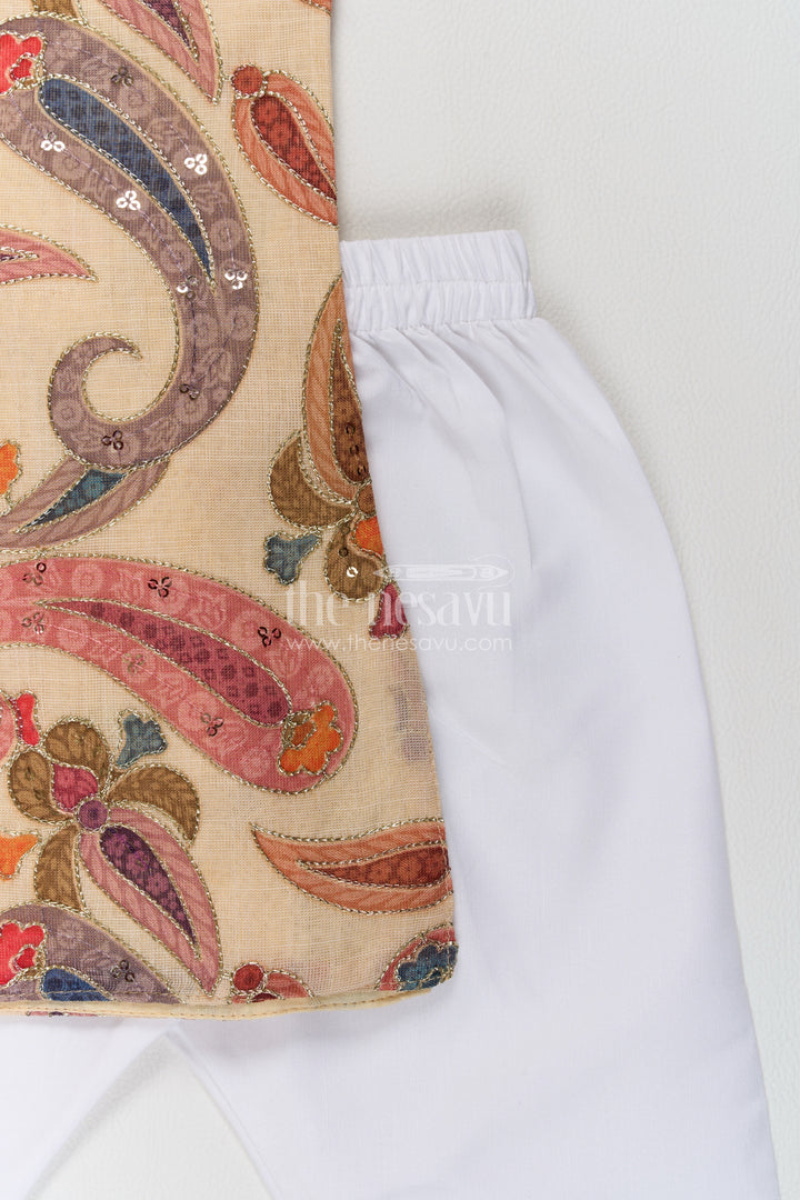 Boys Beige Paisley Sequin Viscose Blend Silk Kurta Pajama Set