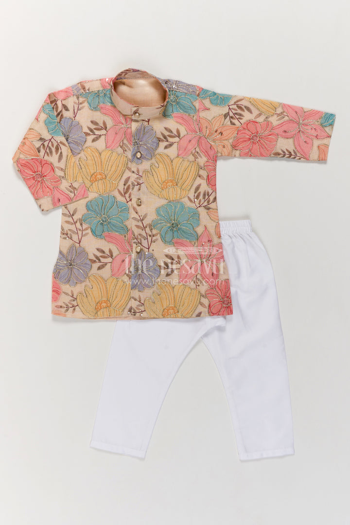 Boys Multicolour Viscose Blend Silk Leaf Kurta Pajama Set