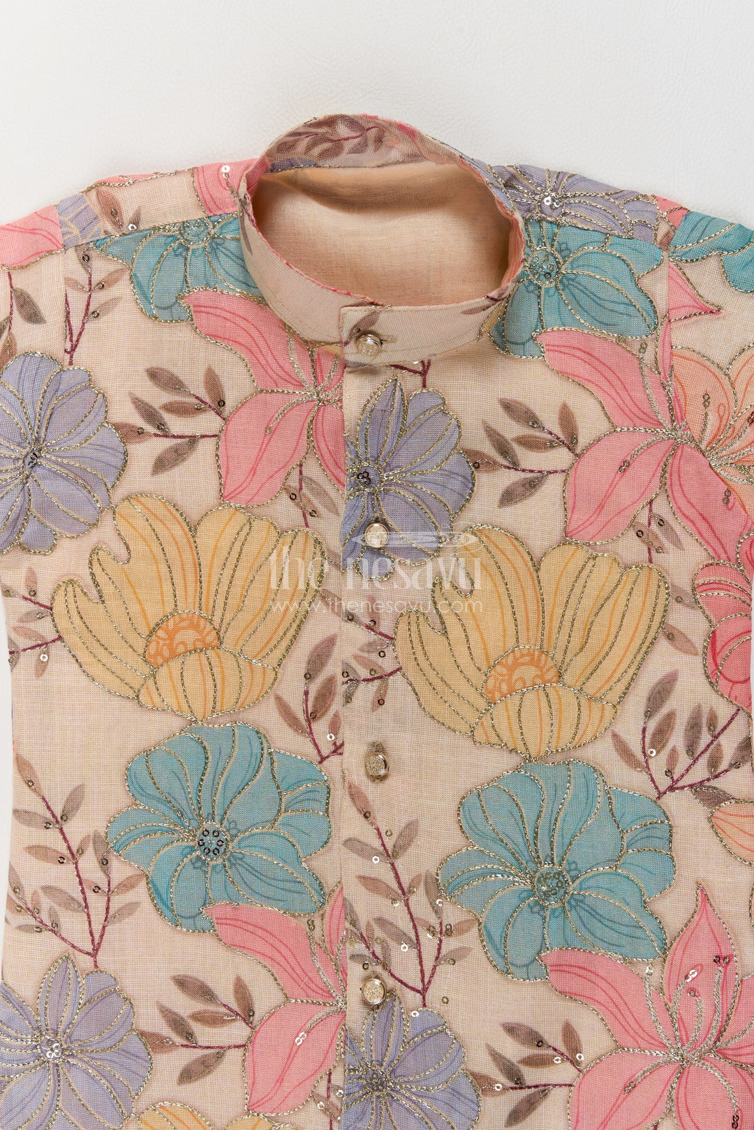 Boys Multicolour Viscose Blend Silk Leaf Kurta Pajama Set