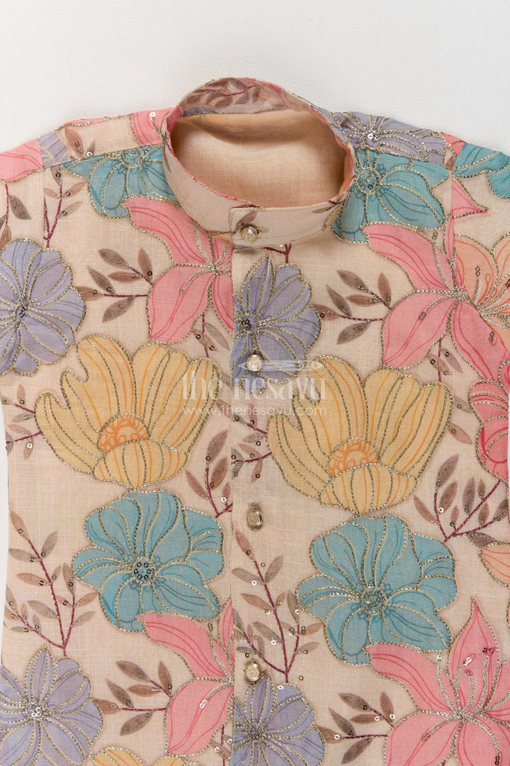 Boys Multicolour Viscose Blend Silk Leaf Kurta Pajama Set