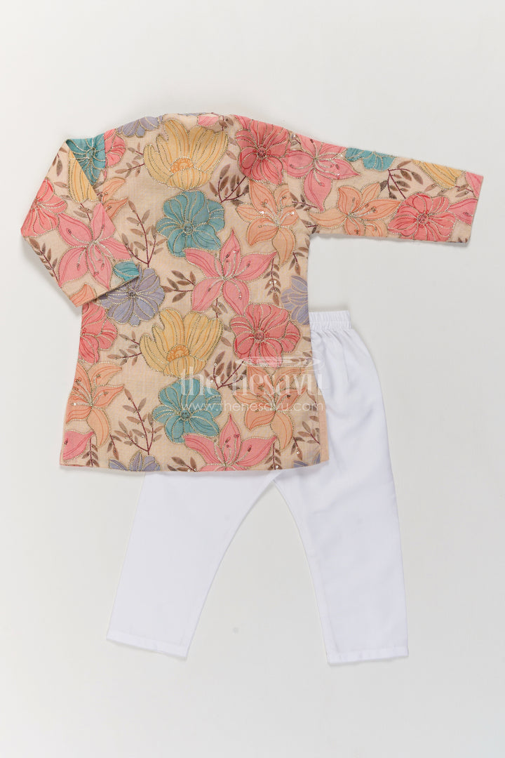 Boys Multicolour Viscose Blend Silk Leaf Kurta Pajama Set