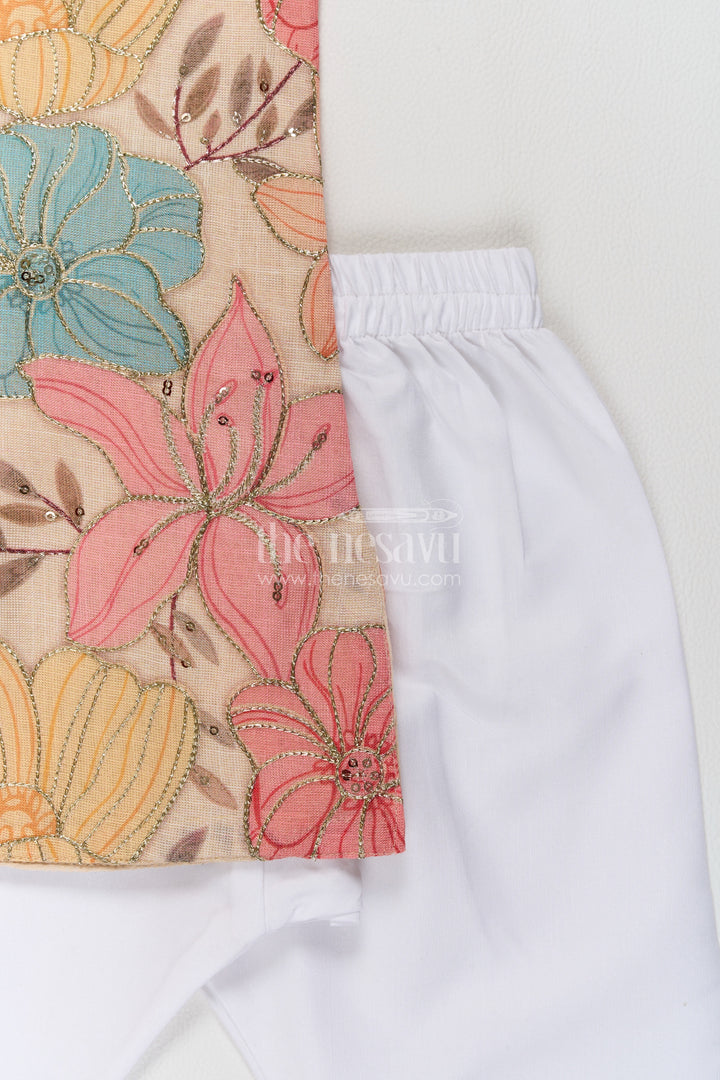 Boys Multicolour Viscose Blend Silk Leaf Kurta Pajama Set