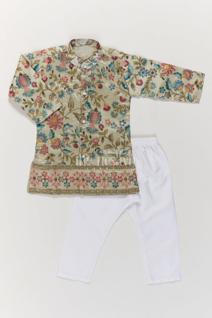 Boys Sage Green Floral Sequin Viscose Blend Silk Kurta Pajama Set