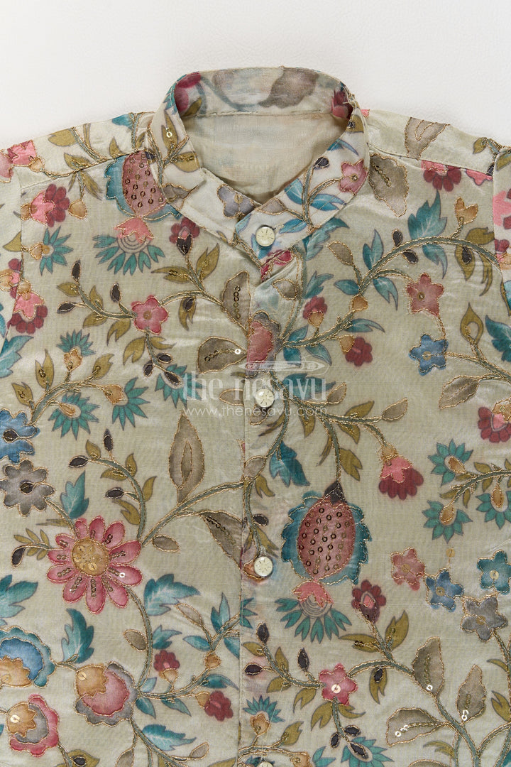 Boys Sage Green Floral Sequin Viscose Blend Silk Kurta Pajama Set