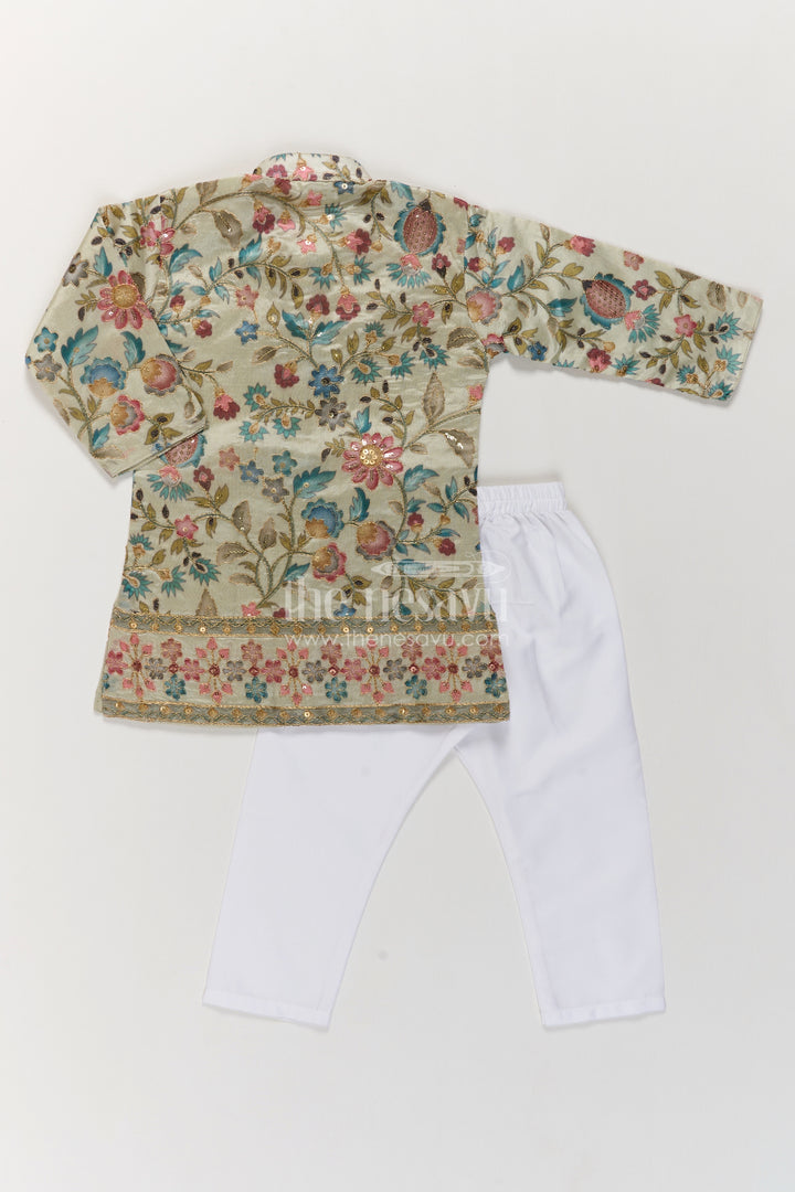 Boys Sage Green Floral Sequin Viscose Blend Silk Kurta Pajama Set