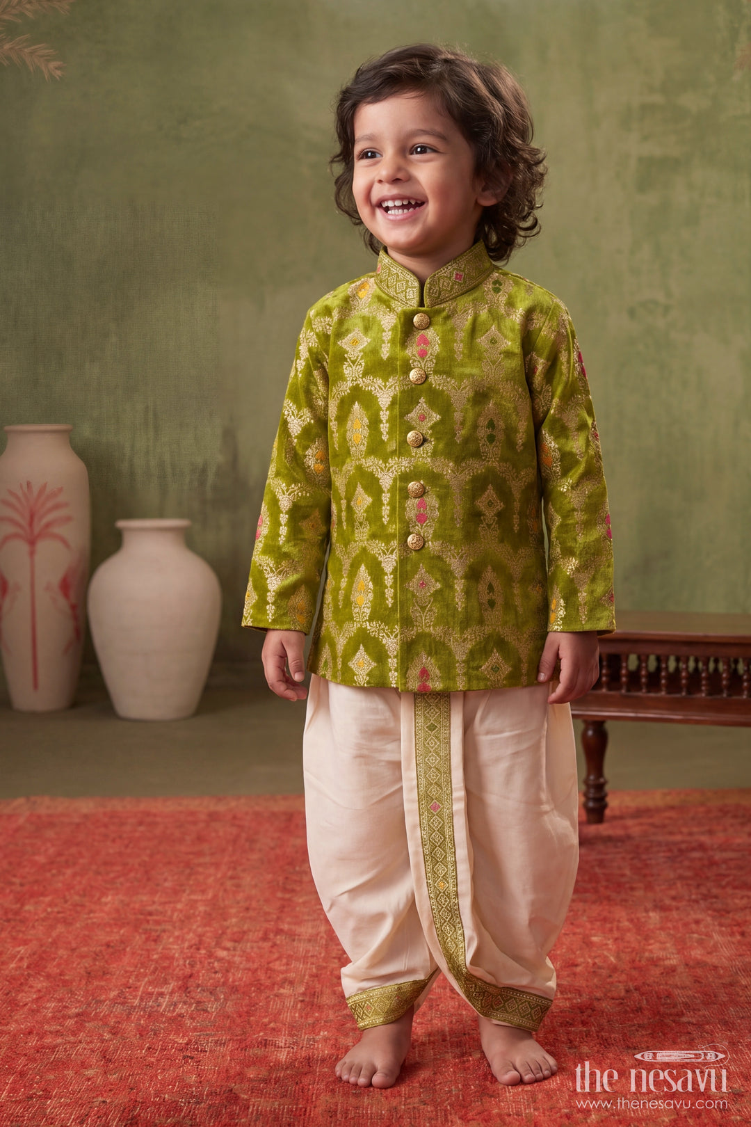 Pattu Pancha Set with Green Designer Detailing for Special Occasions