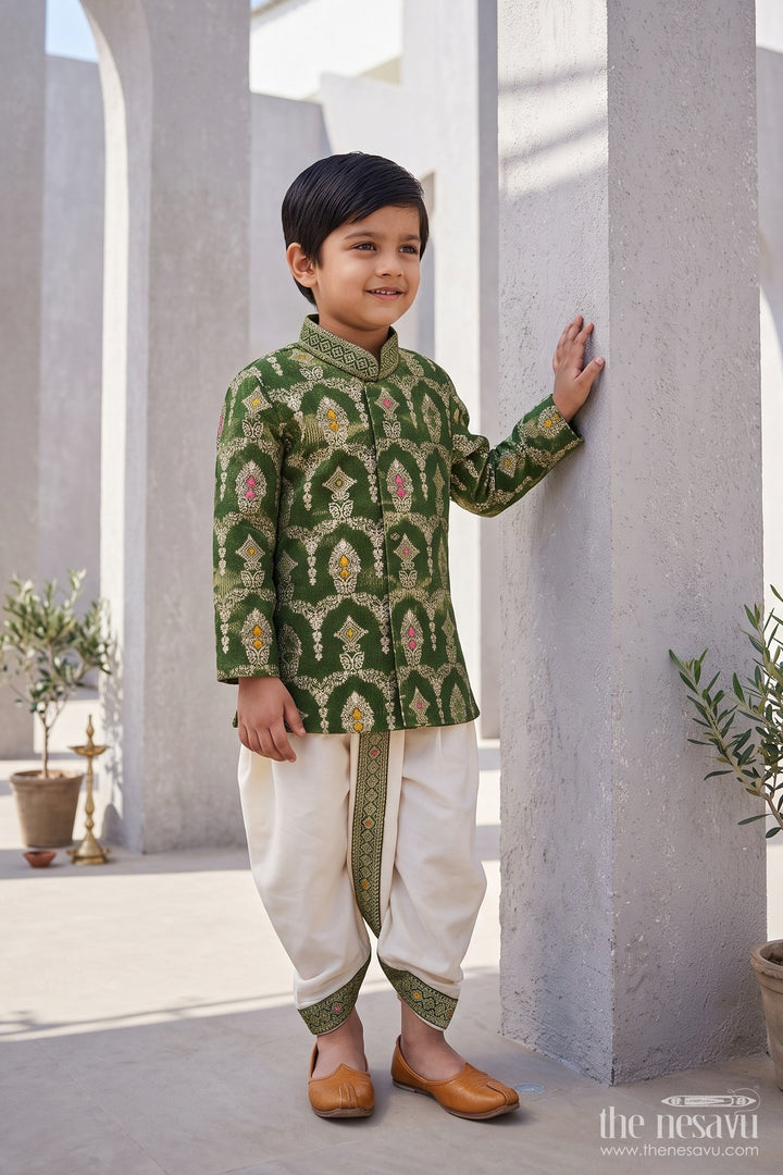 Kids Ready Made Dhoti Set for Celebrations with Green Designer Detailing