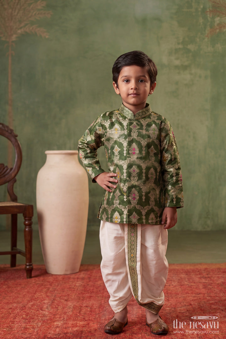 Kids Ready Made Dhoti Set for Celebrations with Green Designer Detailing