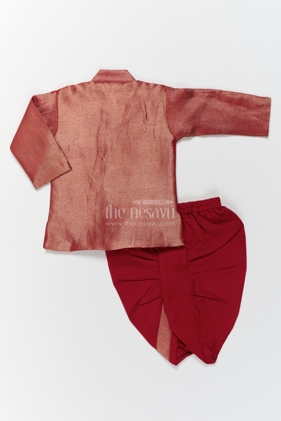 Boys Dhoti Kurta Set in Red with Woven Texture