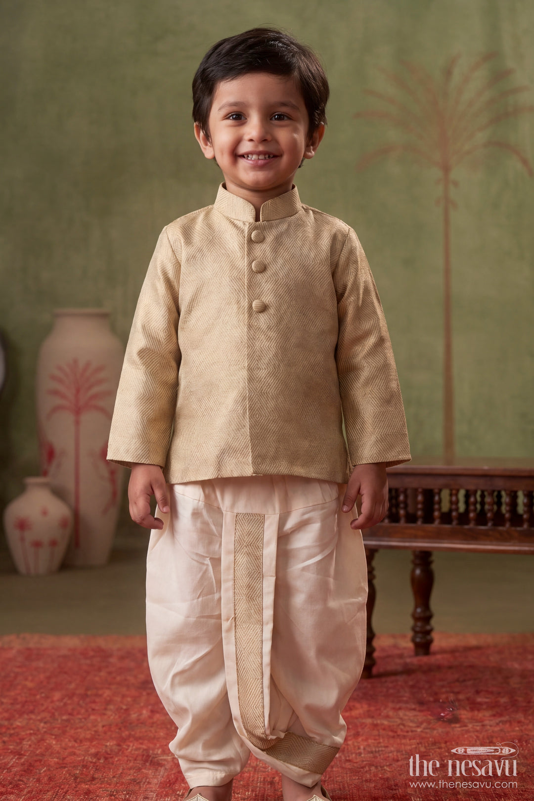 Boys Dhoti Kurta Set with Gold Designer Detailing for Celebrations