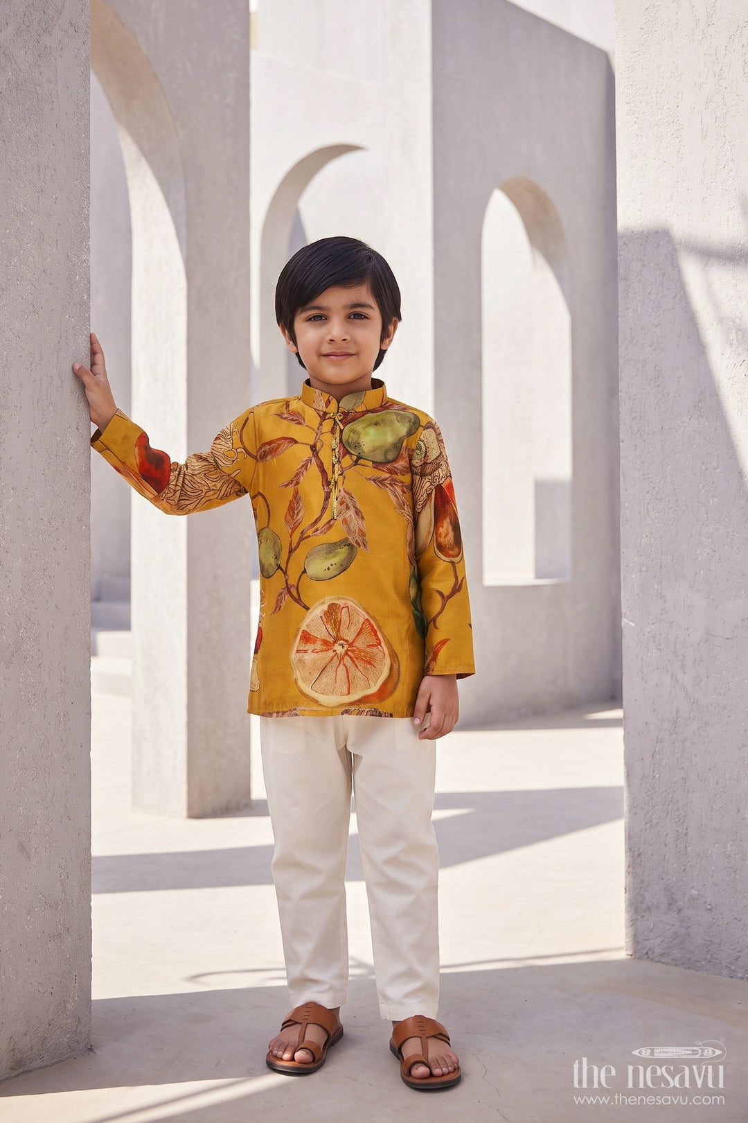 Boys Kurta Pajama Set with Designer Detailing in Yellow