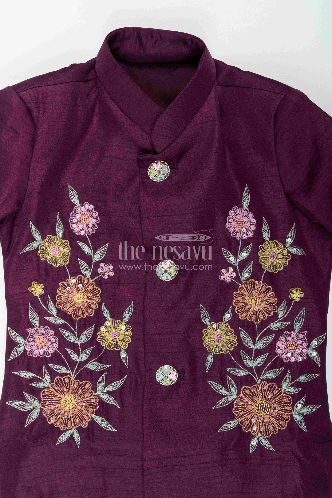 Boys Sherwani Set in Purple with Floral Detailing for Family Functions