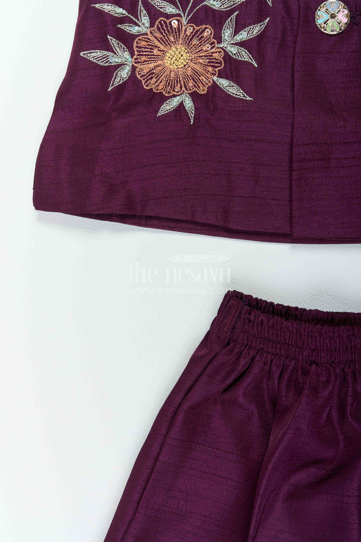 Boys Sherwani Set in Purple with Floral Detailing for Family Functions