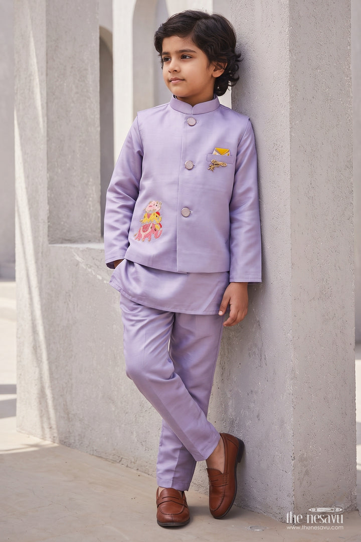 Boys Ethnic Jacket Set with Elephant Detailing in Purple
