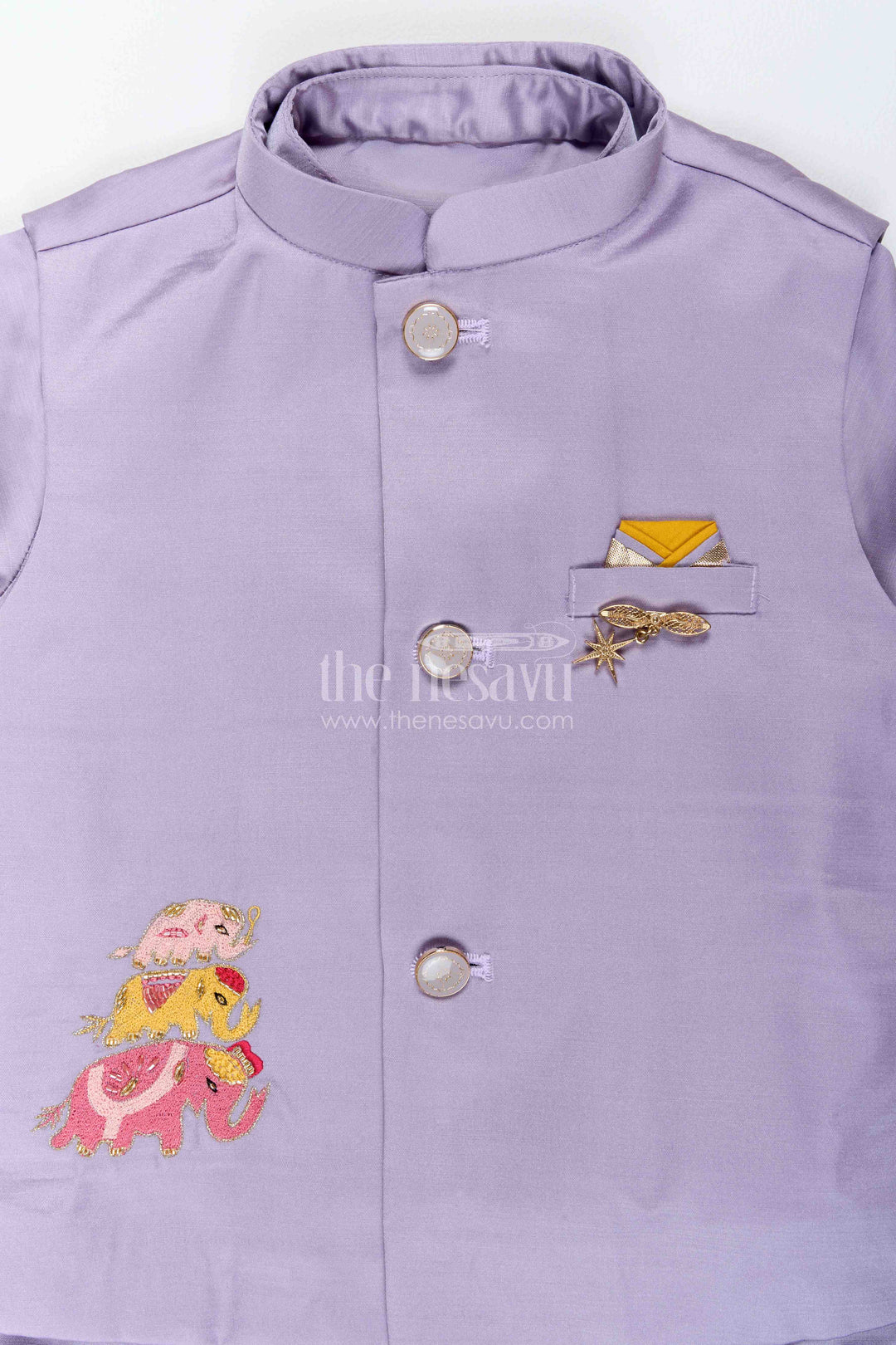 Boys Ethnic Jacket Set with Elephant Detailing in Purple