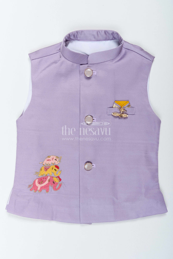 Boys Ethnic Jacket Set with Elephant Detailing in Purple