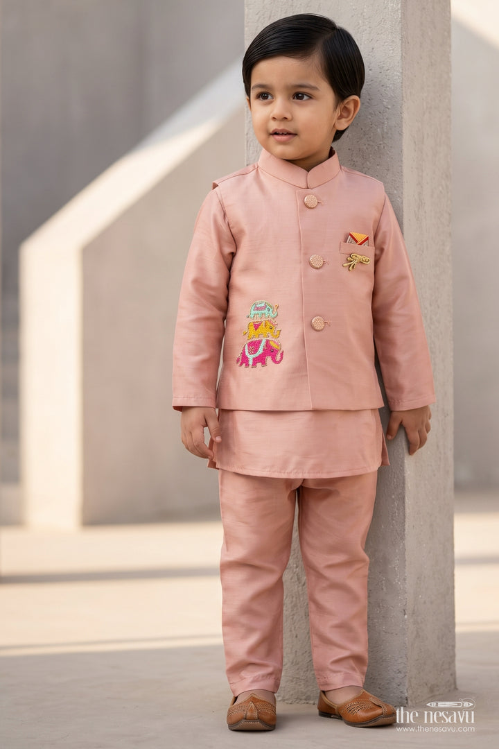 Boys Ethnic Jacket Set for Kids with Elephant Detailing in Peach