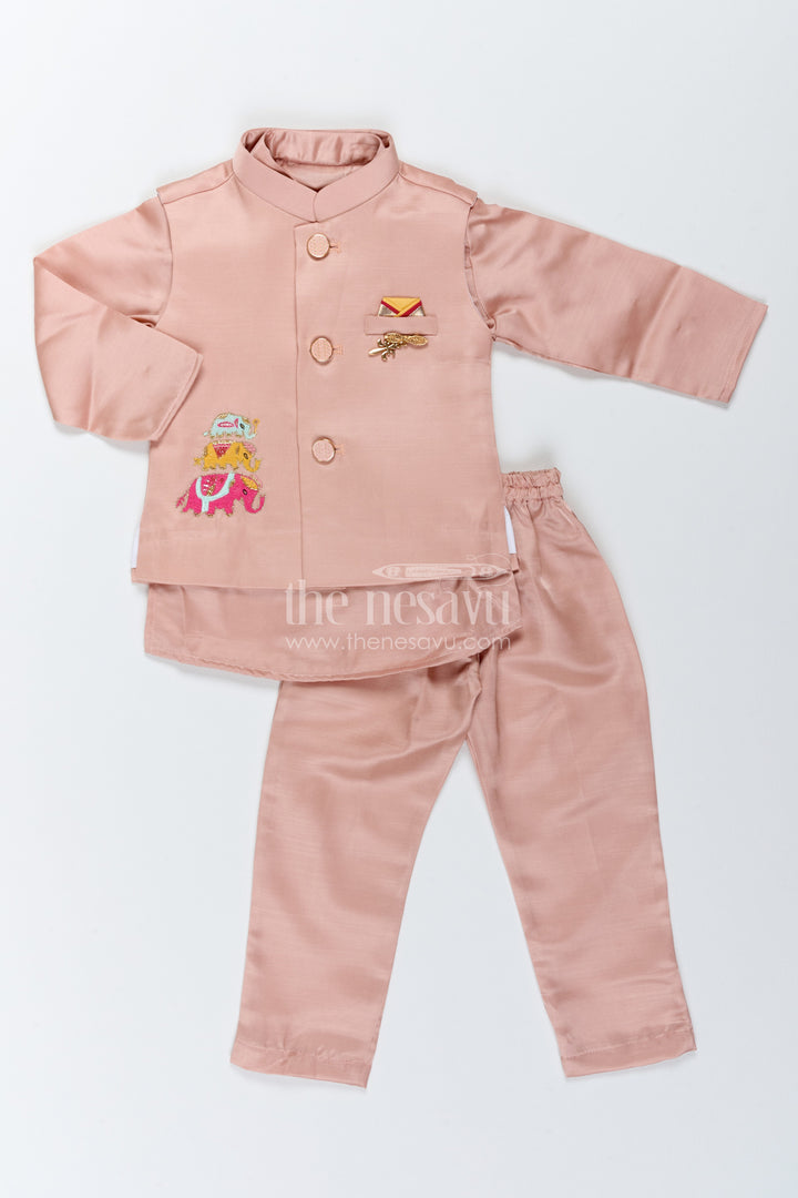 Boys Ethnic Jacket Set for Kids with Elephant Detailing in Peach