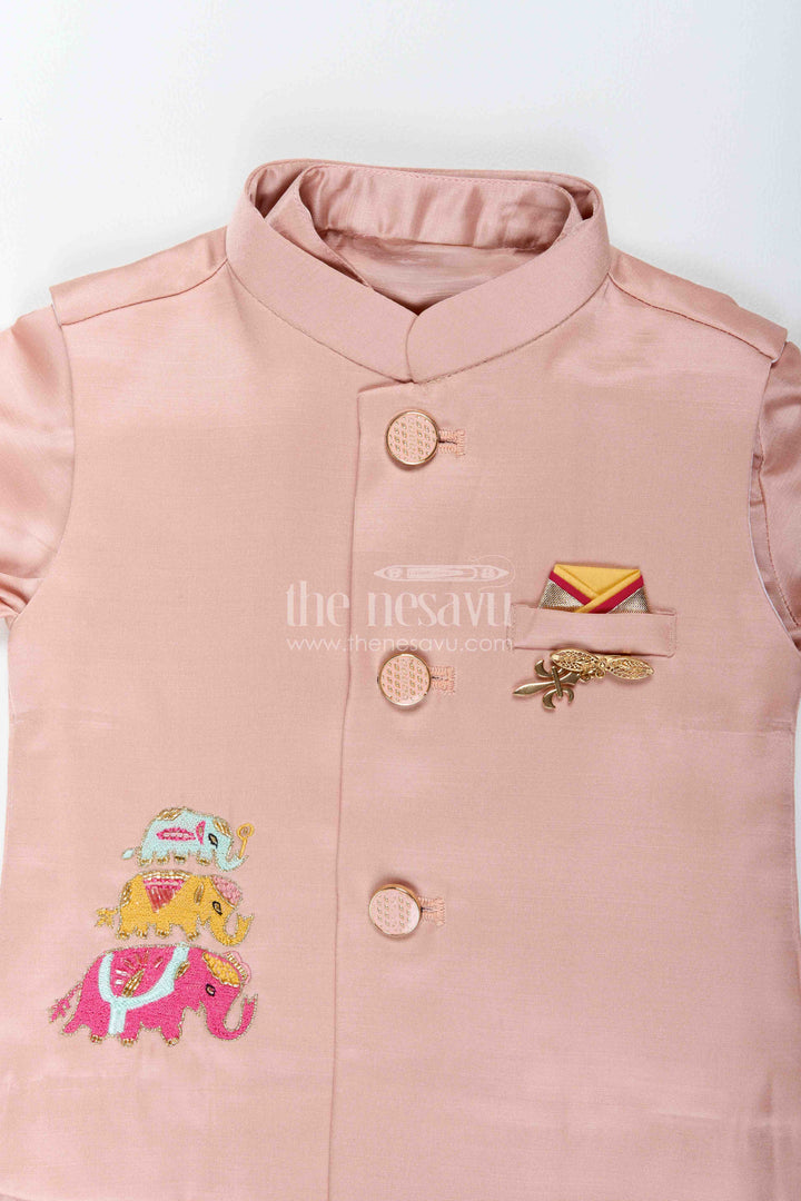 Boys Ethnic Jacket Set for Kids with Elephant Detailing in Peach