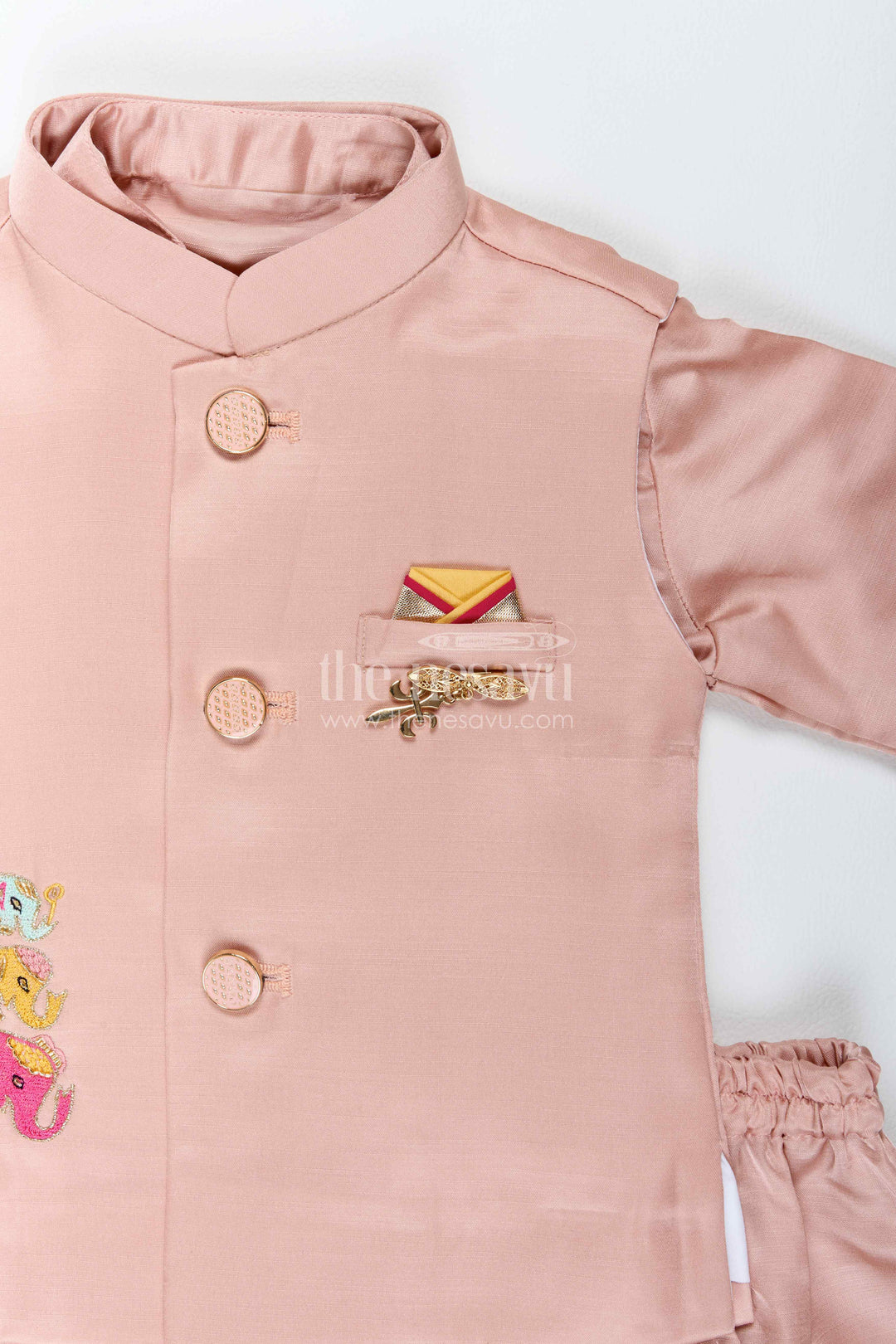 Boys Ethnic Jacket Set for Kids with Elephant Detailing in Peach