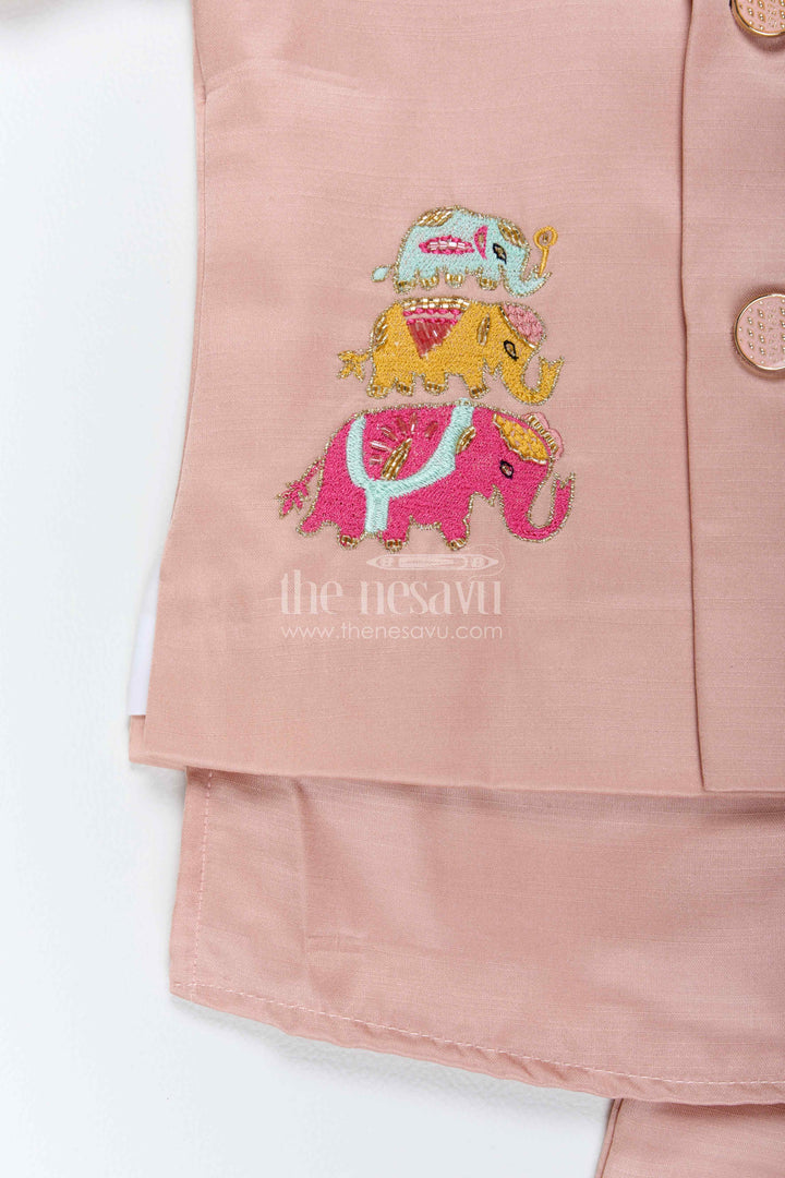 Boys Ethnic Jacket Set for Kids with Elephant Detailing in Peach