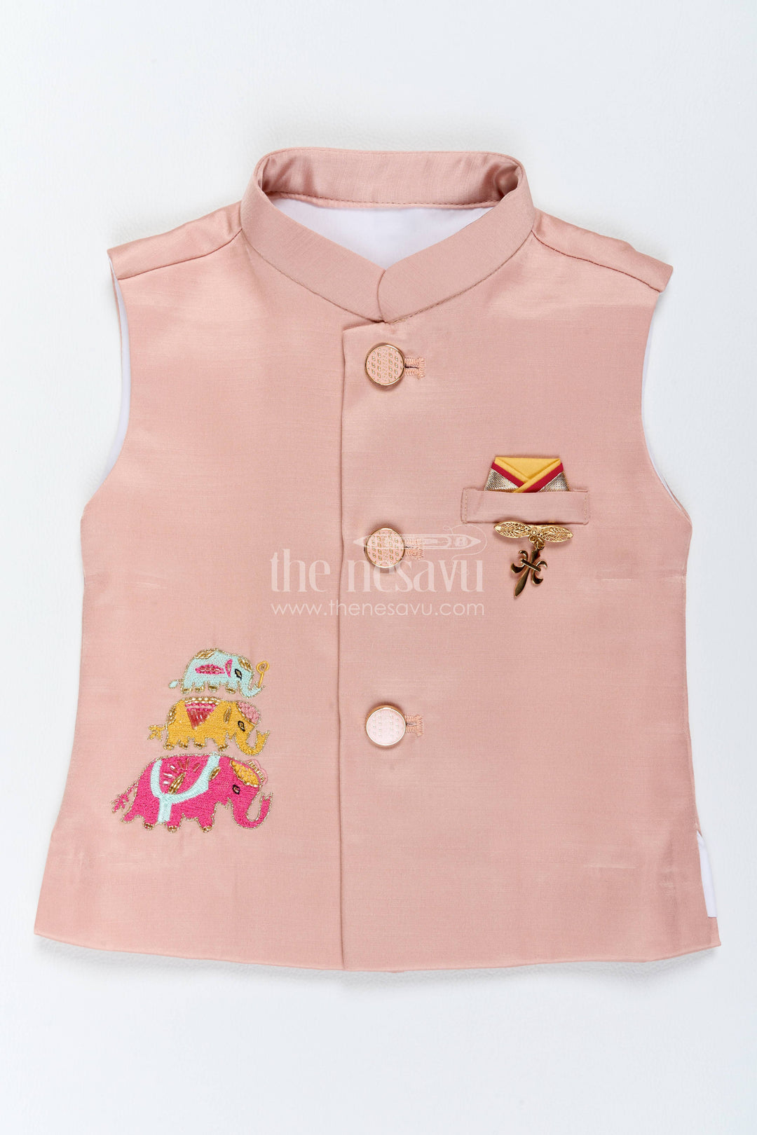 Boys Ethnic Jacket Set for Kids with Elephant Detailing in Peach