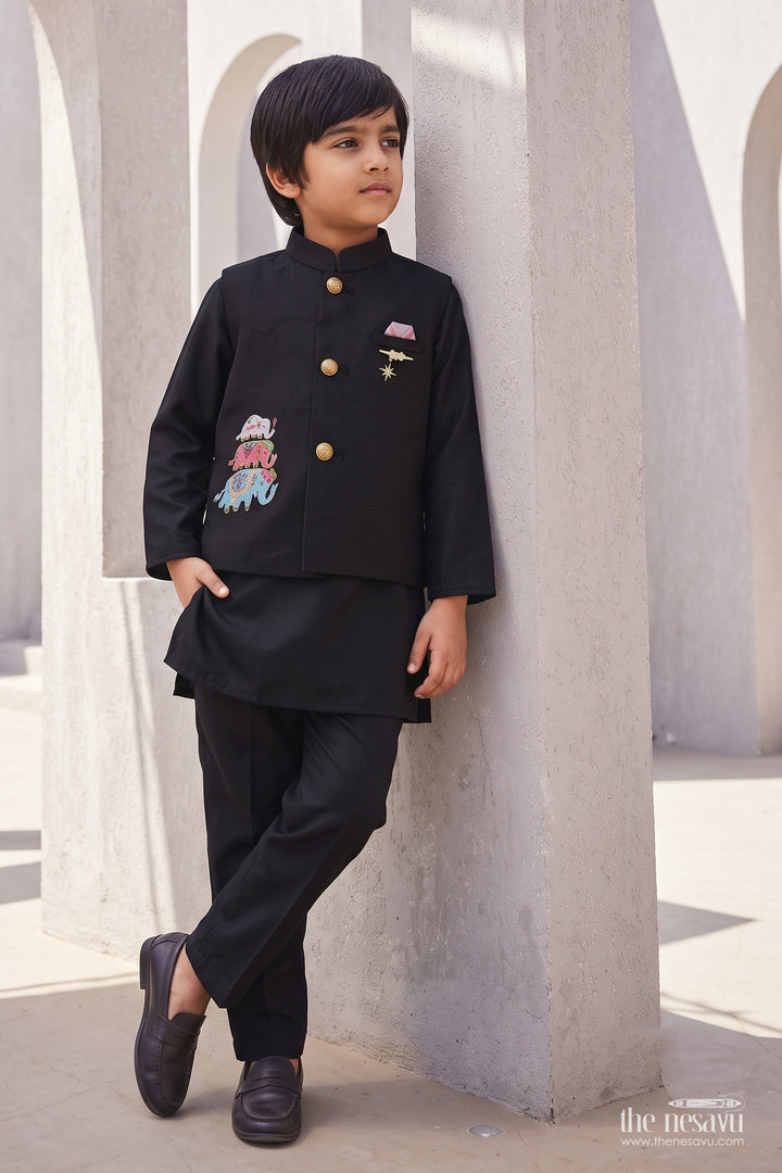 Boys Ethnic Jacket Set for Kids with Elephant Detailing in Black