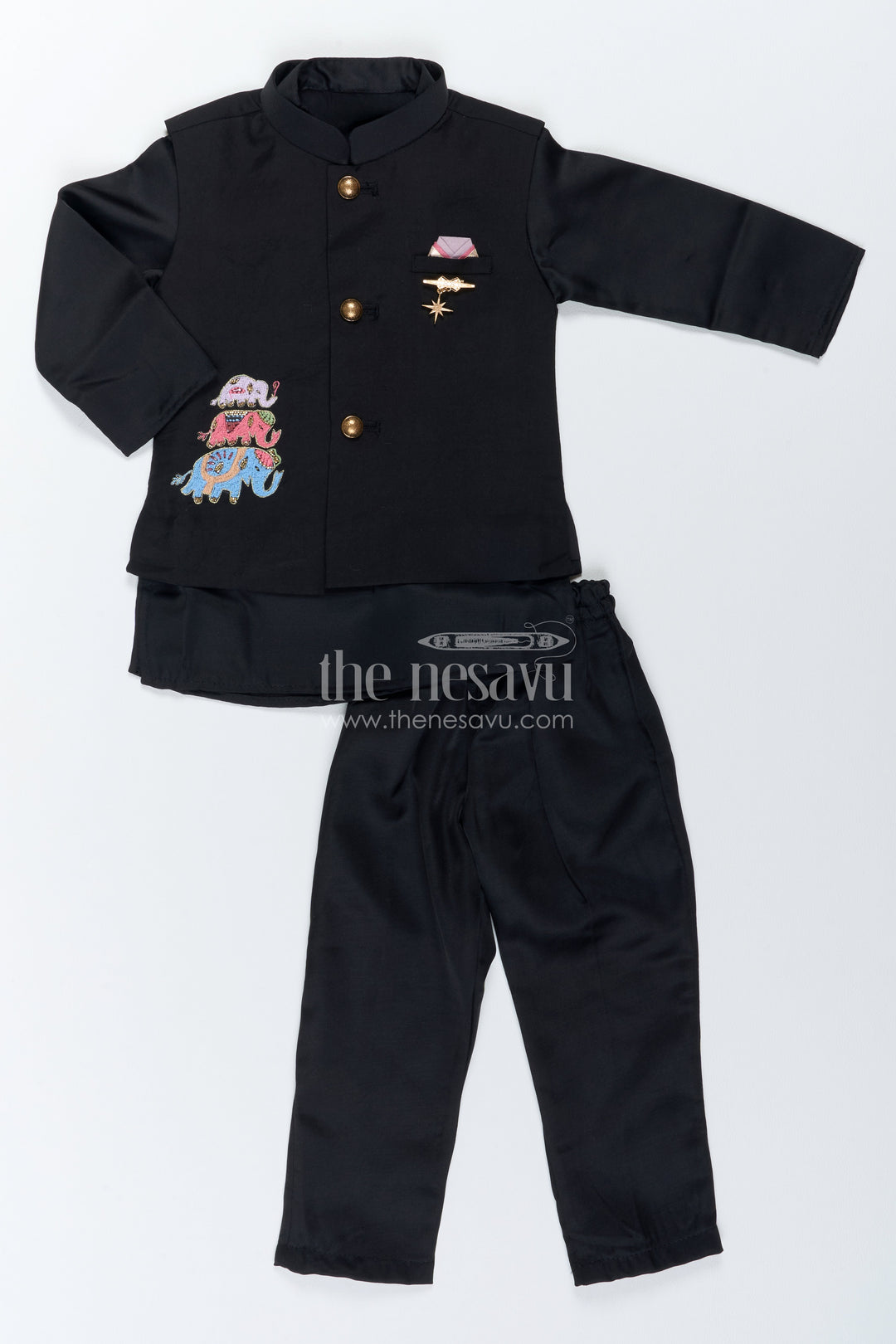 Boys Ethnic Jacket Set for Kids with Elephant Detailing in Black