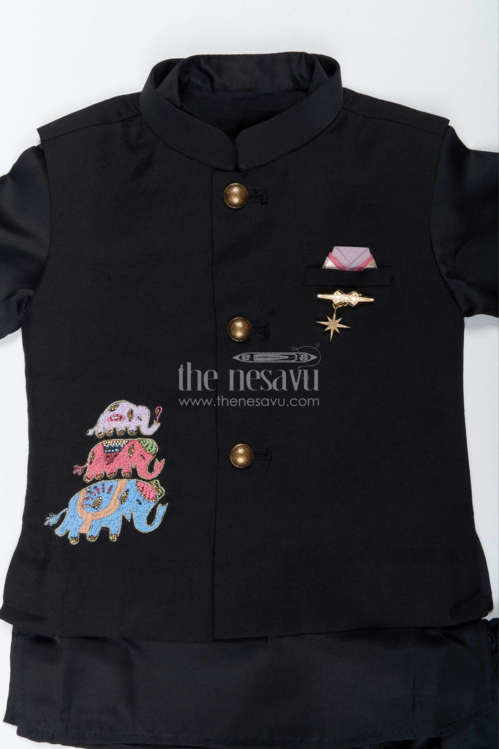 Boys Ethnic Jacket Set for Kids with Elephant Detailing in Black