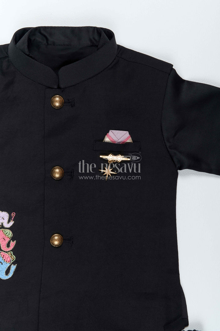 Boys Ethnic Jacket Set for Kids with Elephant Detailing in Black