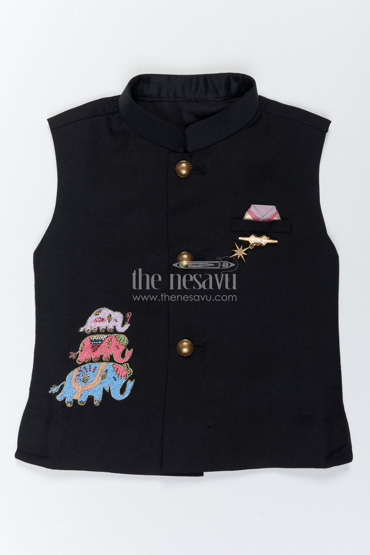 Boys Ethnic Jacket Set for Kids with Elephant Detailing in Black