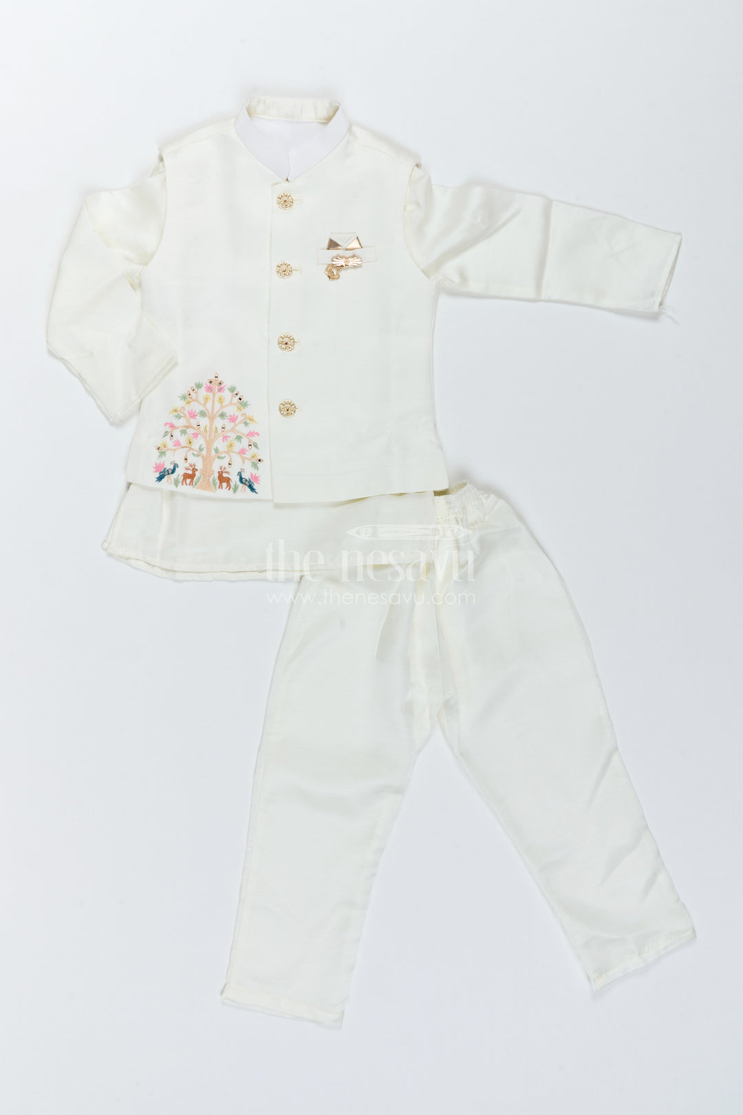 Boys Ethnic Jacket Set with Floral Detailing in Half White