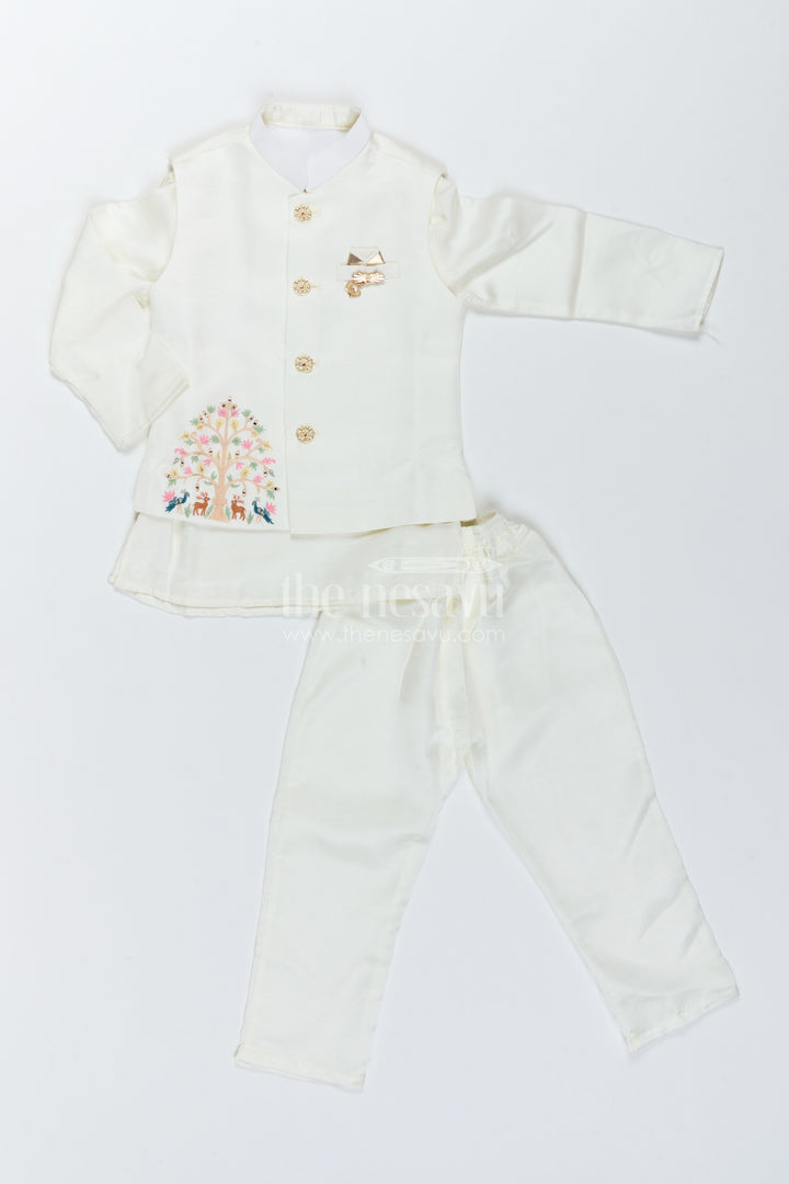 Boys Ethnic Jacket Set with Floral Detailing in Half White