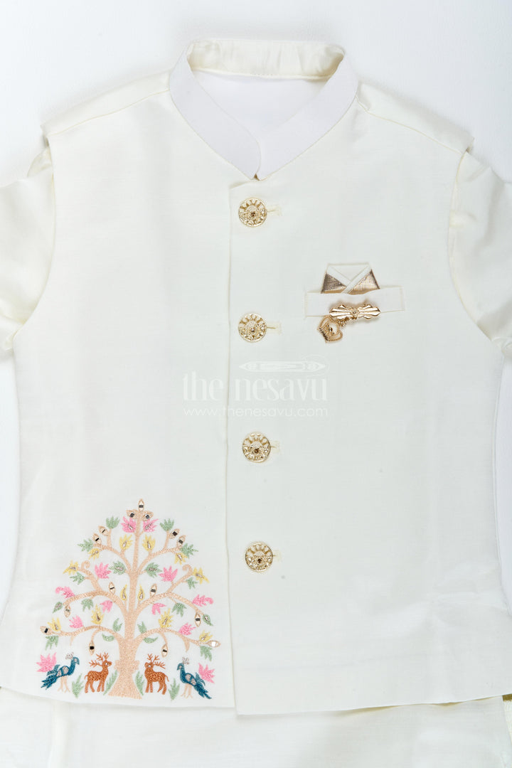 Boys Ethnic Jacket Set with Floral Detailing in Half White