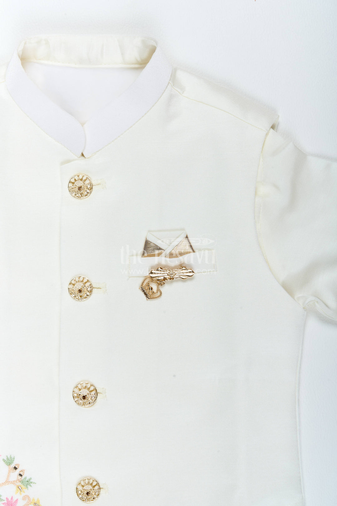 Boys Ethnic Jacket Set with Floral Detailing in Half White