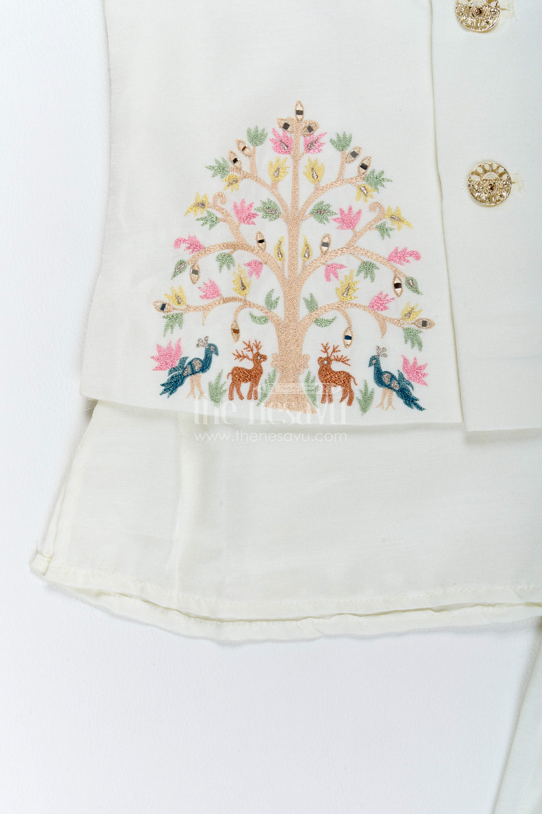 Boys Ethnic Jacket Set with Floral Detailing in Half White