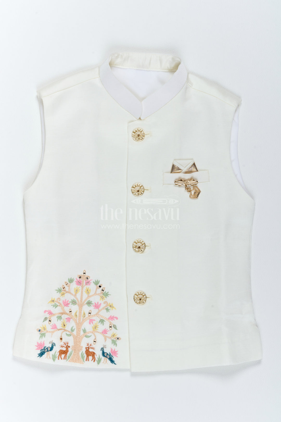 Boys Ethnic Jacket Set with Floral Detailing in Half White