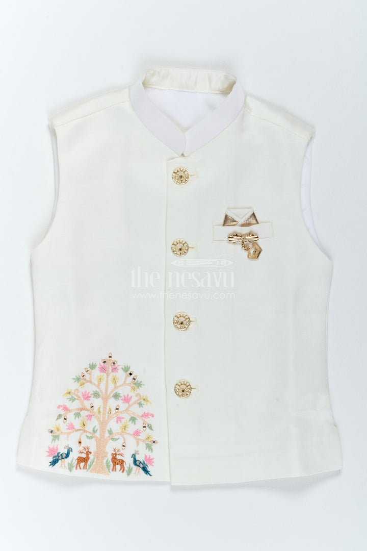 Boys Ethnic Jacket Set with Floral Detailing in Half White