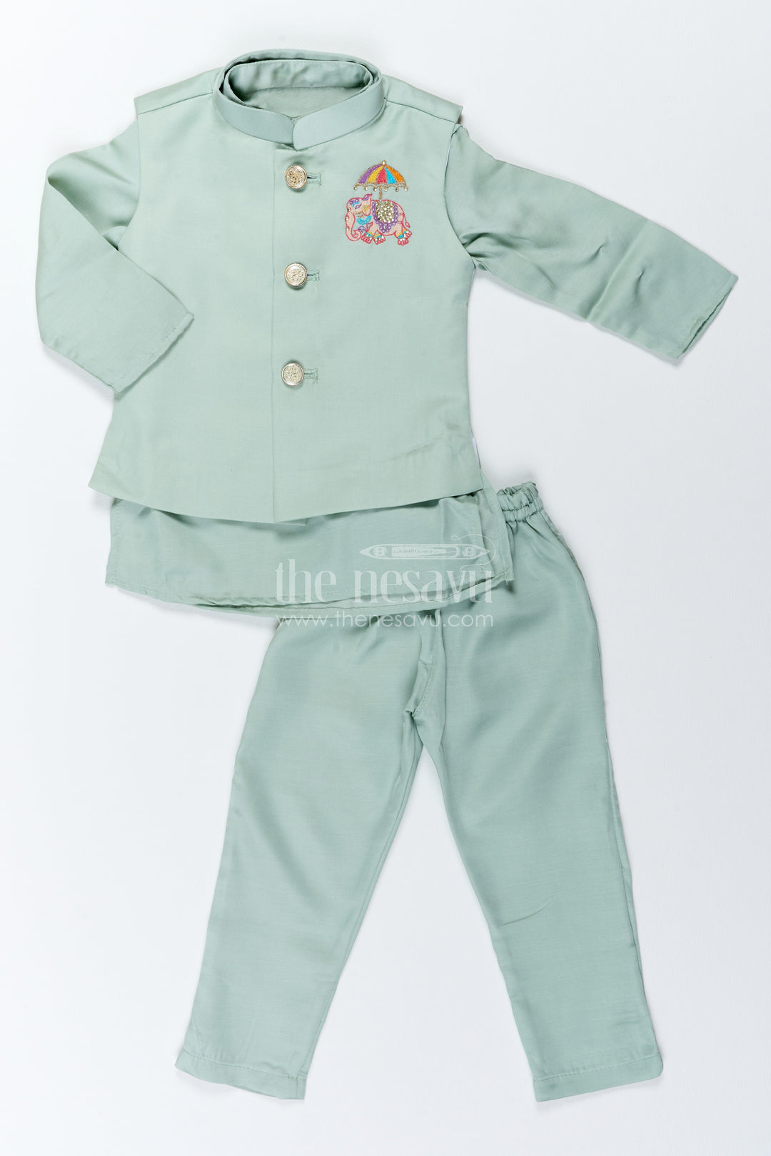 Boys Nehru Jacket Set with Teal Elephant Detailing for Celebrations
