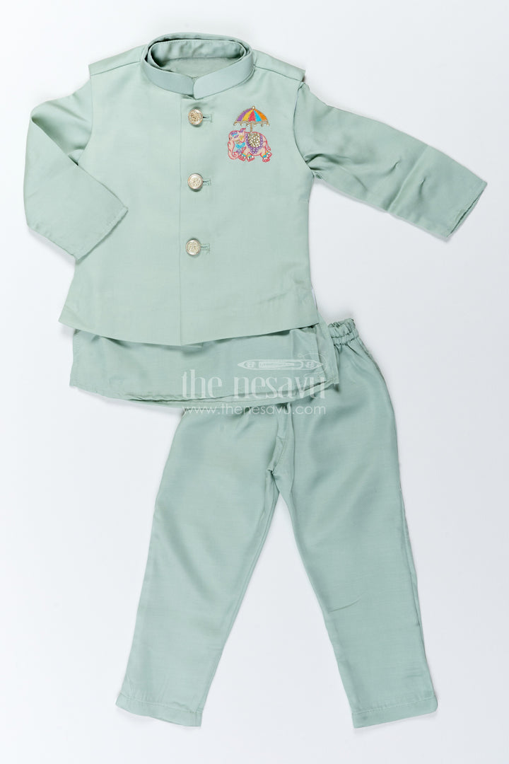Boys Nehru Jacket Set with Teal Elephant Detailing for Celebrations