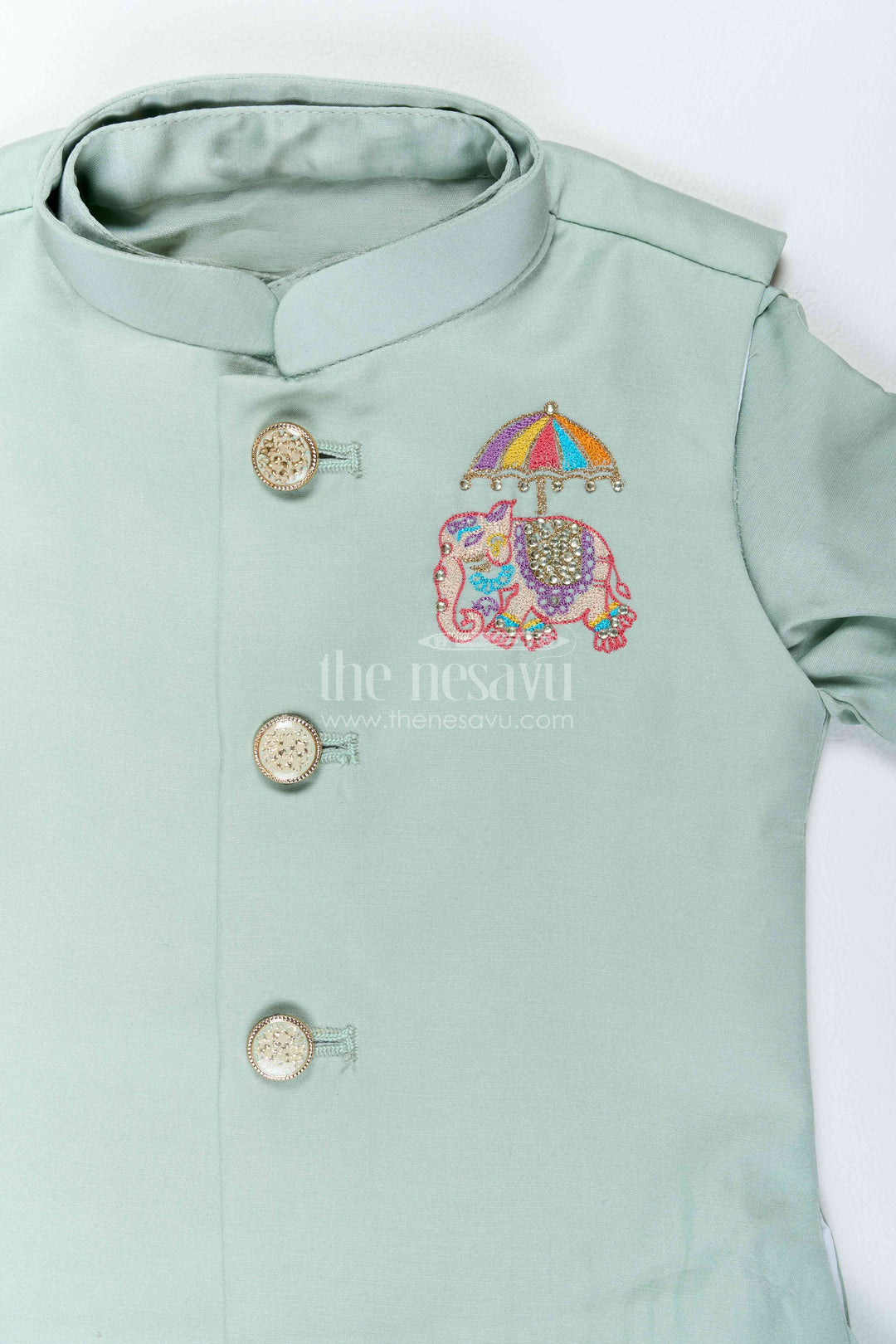 Boys Nehru Jacket Set with Teal Elephant Detailing for Celebrations
