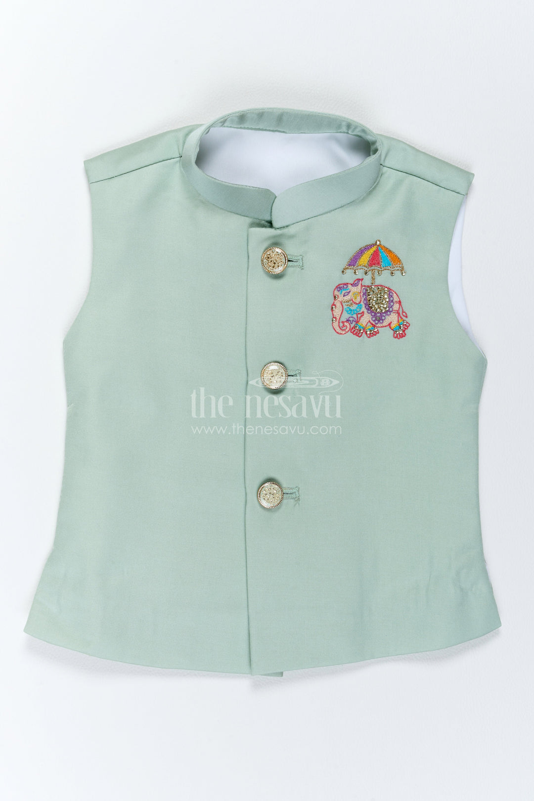 Boys Nehru Jacket Set with Teal Elephant Detailing for Celebrations