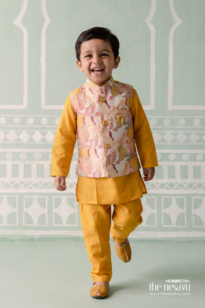 Kids Ready Made Dhoti Set with Floral Detailing in Yellow
