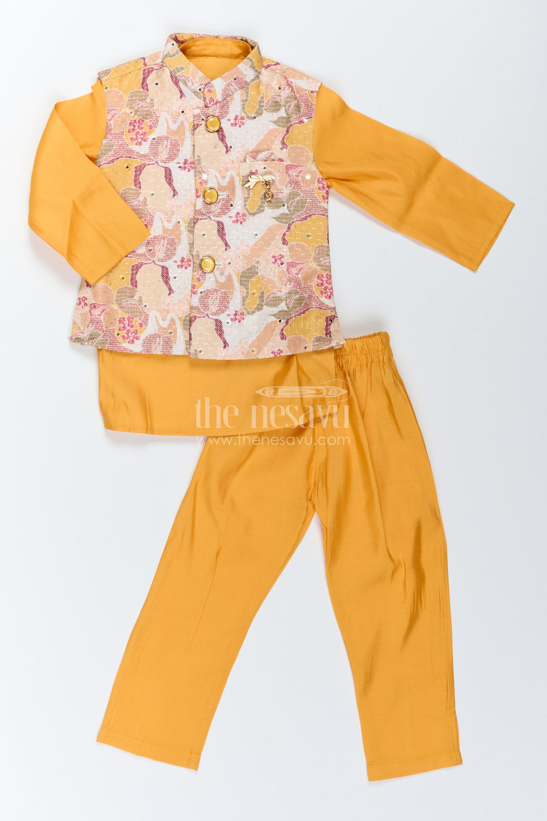 Kids Ready Made Dhoti Set with Floral Detailing in Yellow